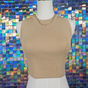 Zara Knit Sleeveless Crop Top Tan Ribbed Crew Neck Women's Size S